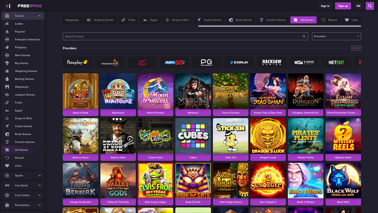 An online casino lobby page showing a grid of game tiles beneath a provider logo row and a search bar.