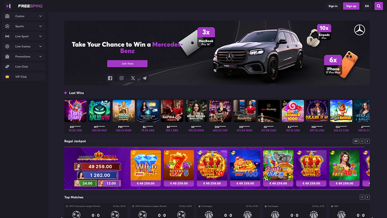 An online casino lobby screen showing a Mercedes-Benz promotion banner, a Last Wins row of game tiles and a Regal Jackpot row of jackpot tiles.