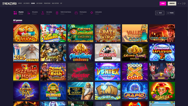 A casino lobby screen on the Frenzing site showing an 'All games' grid of game tiles beneath a category menu and top navigation bar.