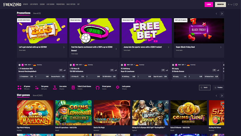 A dark-themed online casino lobby page showing a promotions carousel, a row of live dealer tables, and a grid of slot game tiles.