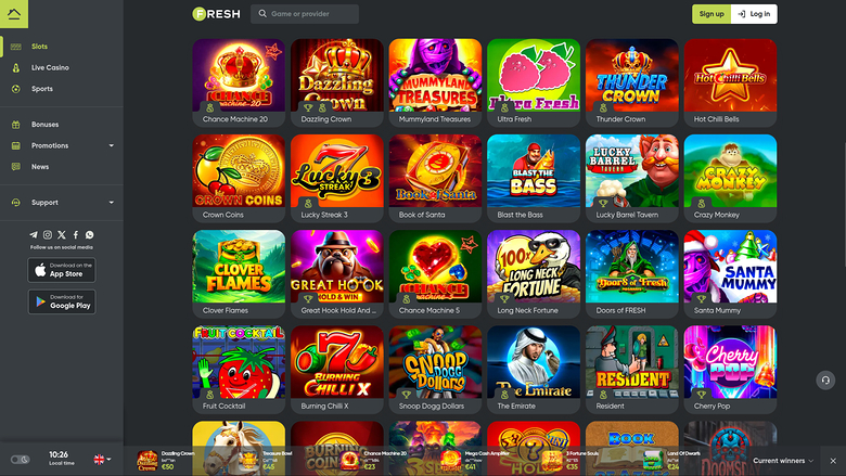 An online casino lobby screen showing a grid of game tiles with a left sidebar menu and a top bar containing search and login controls.
