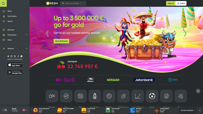 A casino homepage with a left sidebar menu, a promotional hero banner, payment logos and a row of game category icons.
