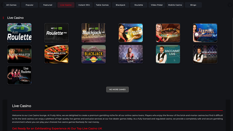 Fruity Wins Casino — Live dealer lobby