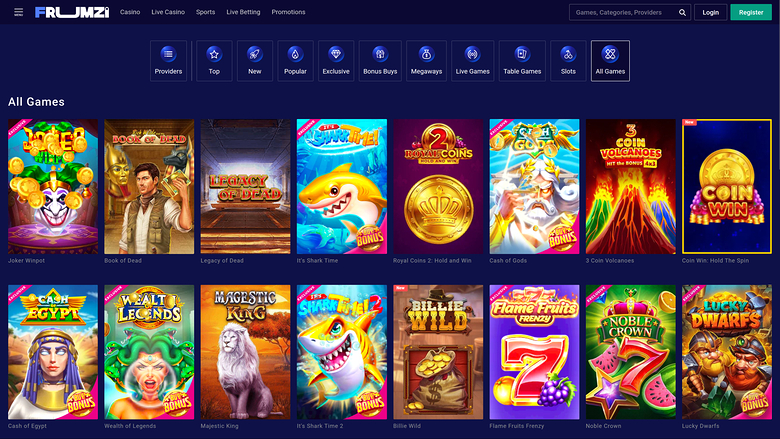 An online casino lobby page titled 'All Games' displaying a grid of game tiles under a dark blue header with navigation and category icons.