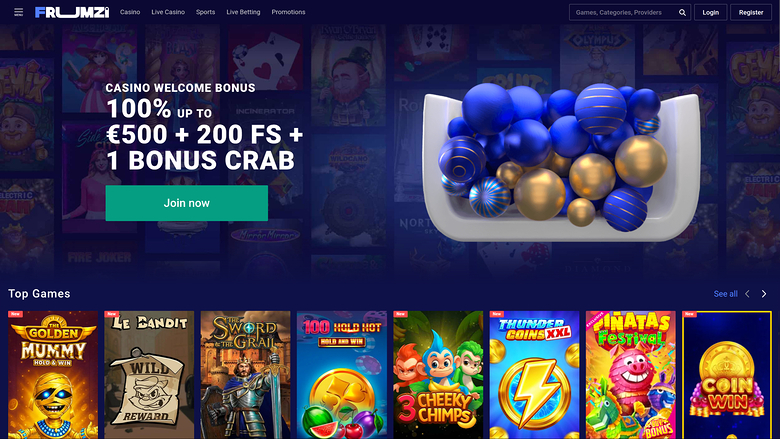 An online casino homepage shows a welcome bonus hero banner above a Top Games row of game tiles.