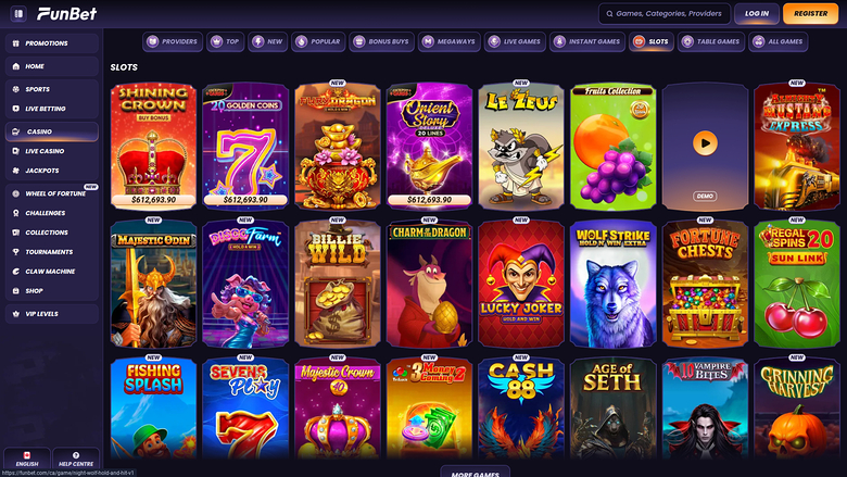 A FunBet online casino slots lobby showing a grid of game tiles with a left sidebar menu and top navigation bar.