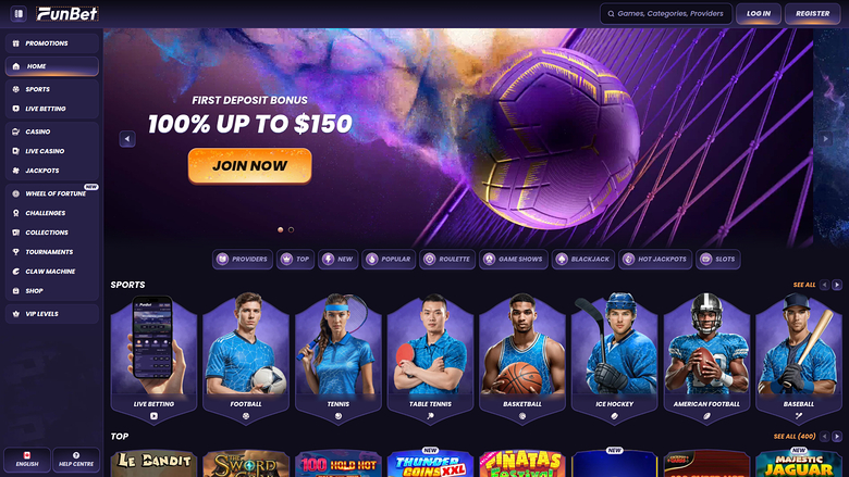 A FunBet online casino homepage showing a first deposit bonus hero banner, a sports betting row and the start of a top games row.