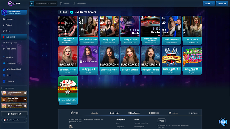 FunzyBets Casino — Live dealer lobby