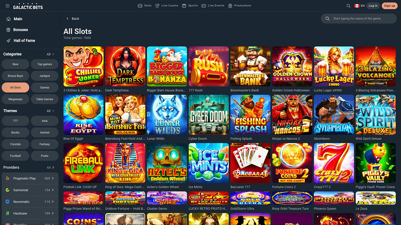 An online casino lobby screen titled All Slots showing a grid of game tiles with a left sidebar of filters and a top navigation bar.