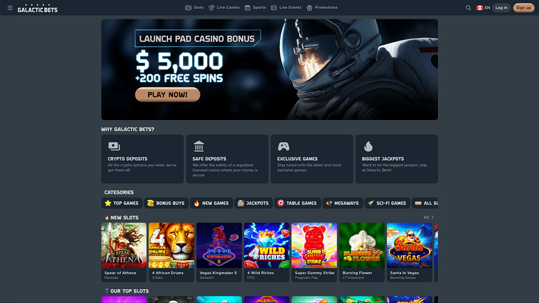 A dark-themed online casino homepage shows a $5,000 launch bonus hero banner, trust badges, category tabs and a row of game tiles.