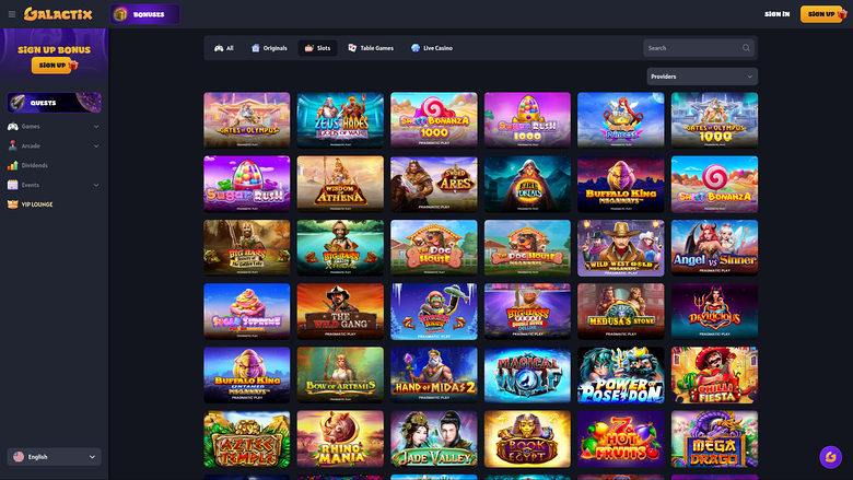 Galactix Casino — Games lobby