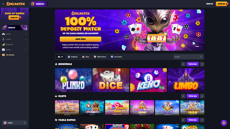 Galactix Casino — Homepage