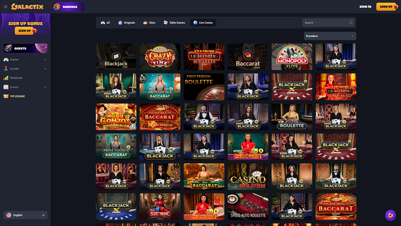 Galactix Casino — Live dealer lobby