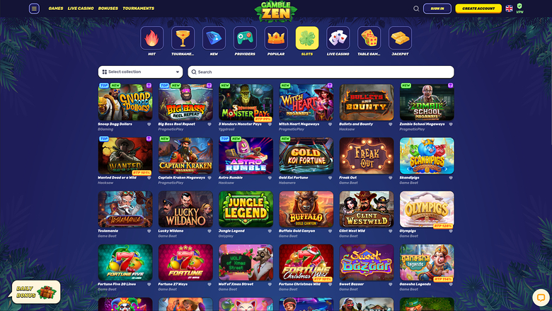 An online casino lobby page titled Gamble Zen showing a grid of game tiles under a category menu and search bar.