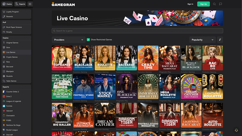 Gamegram Casino — Live dealer lobby