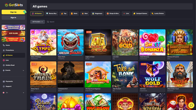 An online casino lobby titled All games showing a grid of game tiles with a left sidebar menu and category tabs.