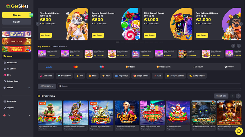 An online casino lobby screen showing four deposit bonus cards, a winners ticker, payment icons, category filters and a Christmas-themed game row.