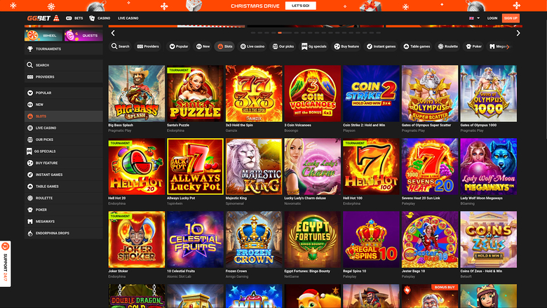 An online casino lobby screen showing a grid of game tiles under a 'CHRISTMAS DRIVE' banner with a €15,000 prize.