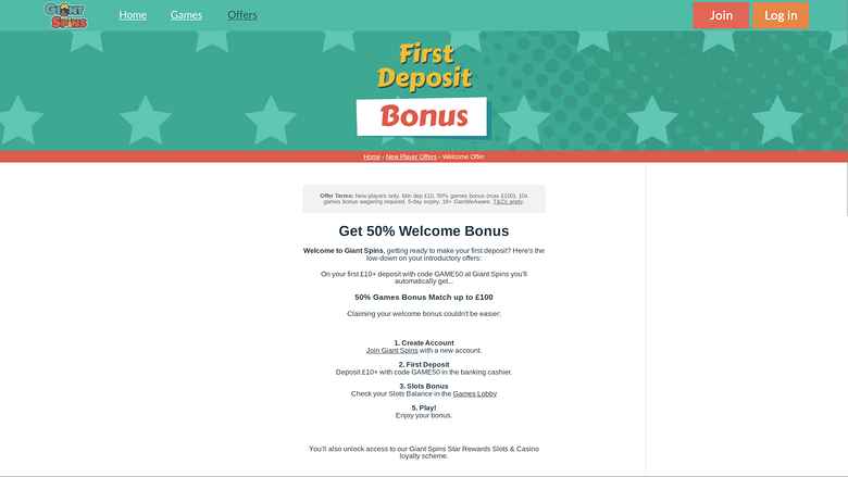 Giant Spins Casino — Promotions page
