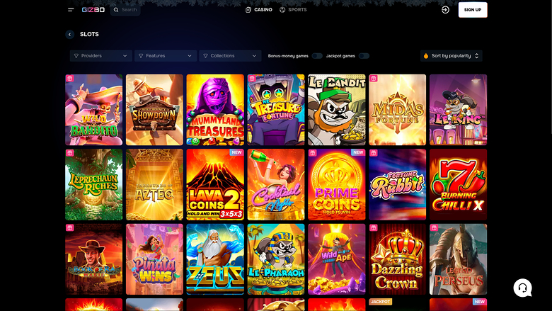 A slots lobby screen showing a grid of colourful game tiles with filter and sort controls above it.