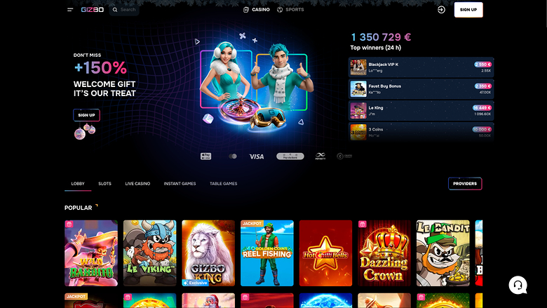 A dark-themed online casino homepage shows a welcome bonus hero, a top-winners leaderboard, and a grid of game tiles under Popular.