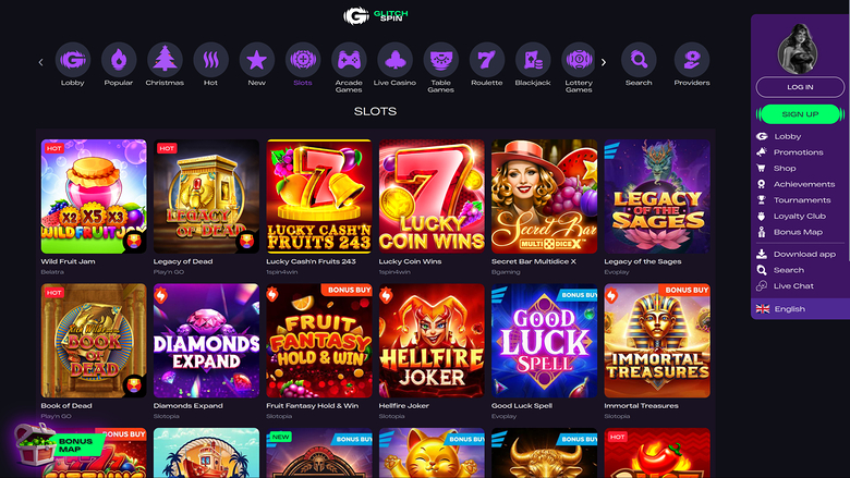 An online casino lobby screen showing a 'SLOTS' grid of game tiles with a top category menu and a right-hand account sidebar.