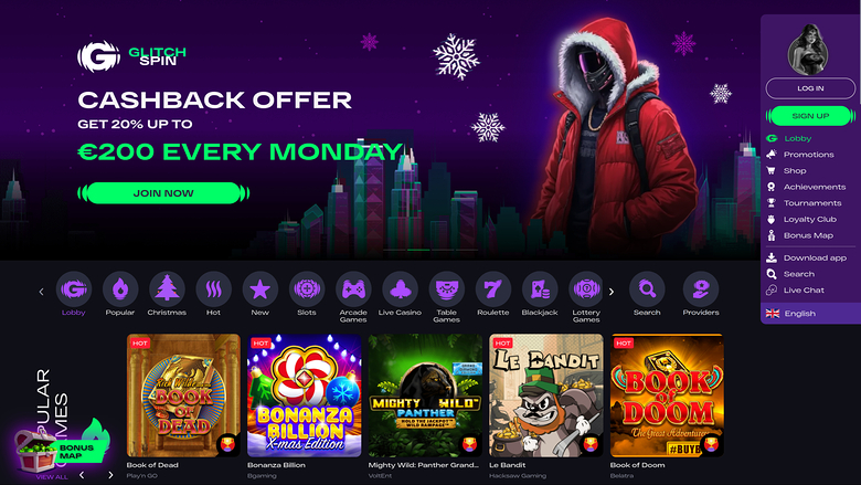 A casino homepage screenshot showing a cashback promotion hero banner, a lobby category bar, and a row of game tiles.
