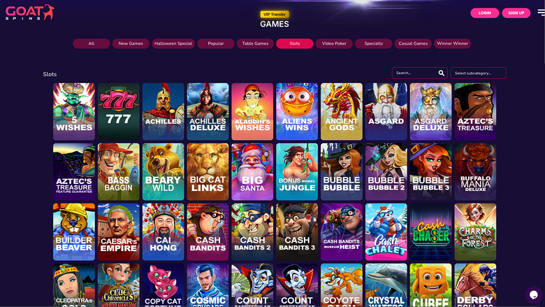 A casino lobby 'Games' screen showing a grid of slot game tiles under a category tab bar.