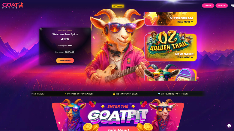 A casino landing page for GOAT SPINS featuring a guitar-playing goat mascot, a welcome bonus panel, VIP and game promo cards, and a bottom banner.