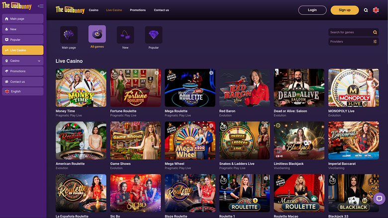 GodBunny Casino — Live dealer lobby