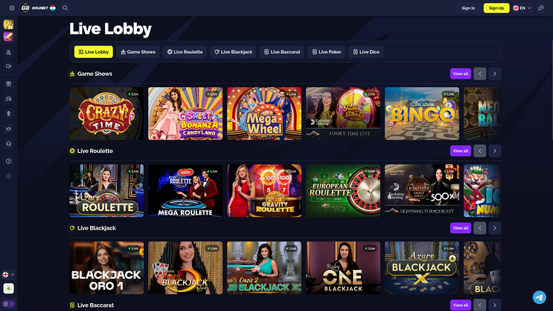 Goldbet.io Casino — Live dealer lobby
