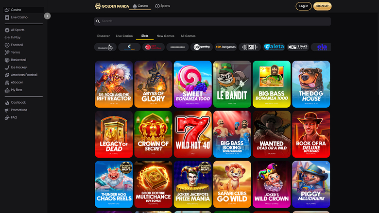 A casino lobby screen showing a grid of game tiles under a Slots tab, with a left sidebar menu and top header.