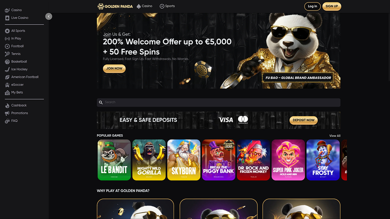 A Golden Panda casino homepage showing a welcome bonus hero banner, a search bar, deposit logos and a row of popular game tiles.