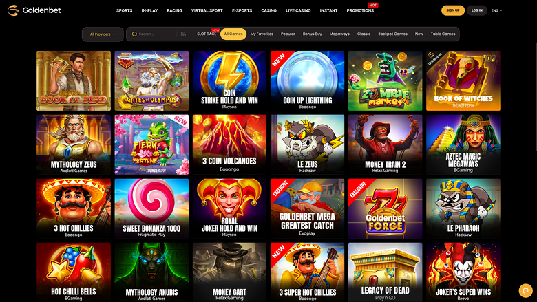 A Goldenbet casino lobby screen showing a grid of game tiles under a top navigation bar and category filters.