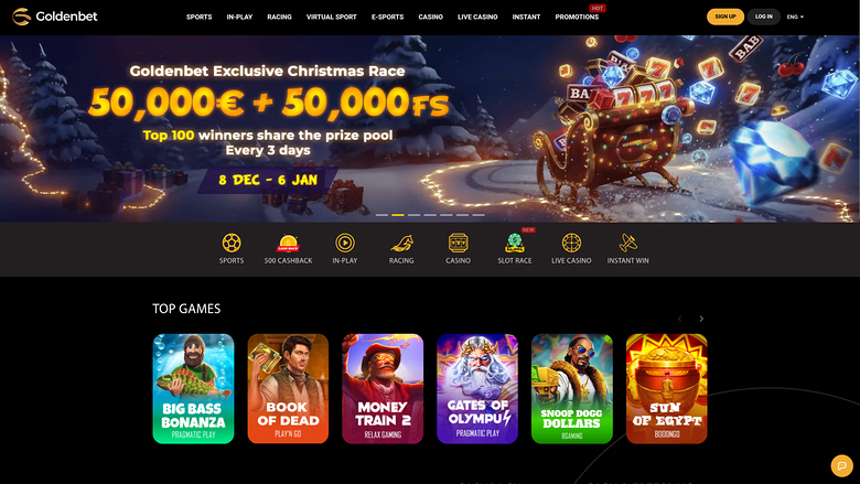 A Goldenbet casino homepage showing a Christmas Race promotional hero banner and a Top Games row of six game tiles.