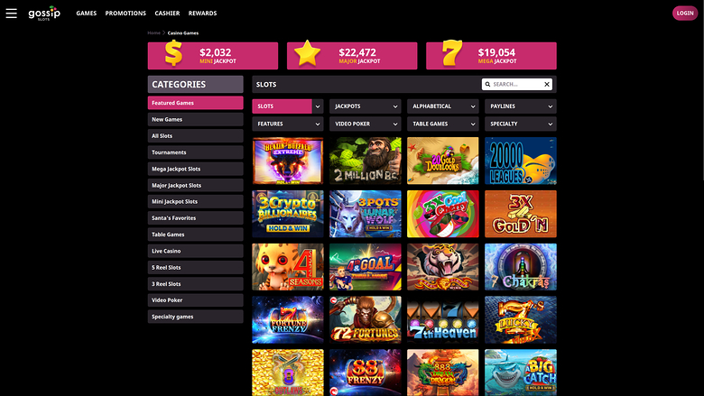 A casino lobby screen showing a left category sidebar, three jackpot banners and a grid of slot game tiles under filter dropdowns.