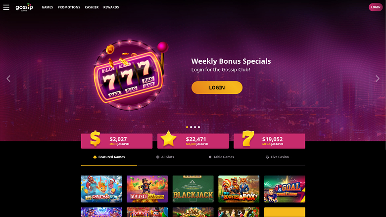 {"summary":"A casino homepage with a purple city hero banner promoting weekly bonus specials, three jackpot counters and a row of game tiles.","colours":"Domina