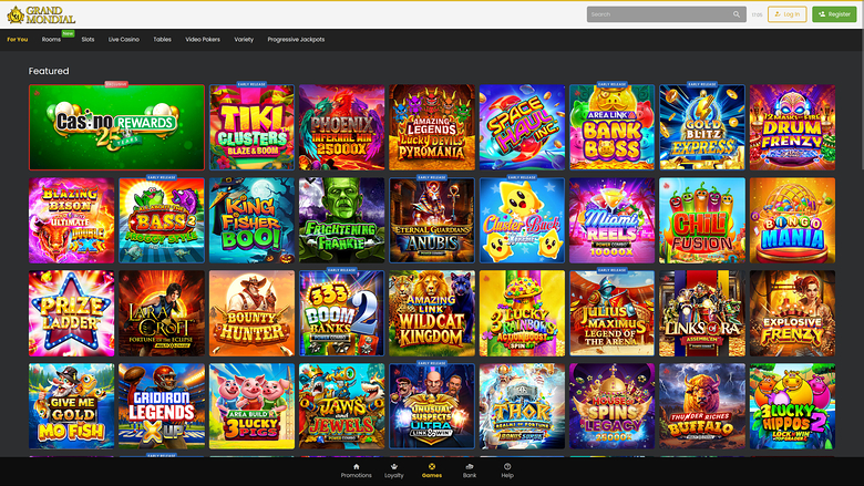 An online casino lobby screen showing a grid of featured game tiles under a top navigation bar.
