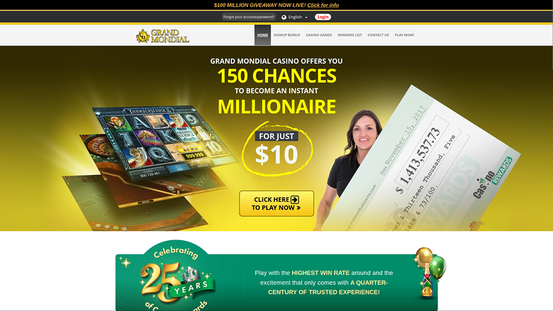A Grand Mondial Casino homepage hero promoting 150 chances to become a millionaire for $10, with a large novelty cheque and a 25th anniversary banner below.