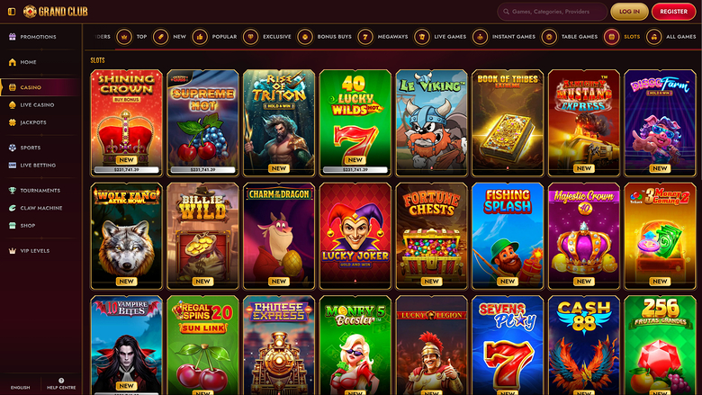 A casino lobby screen showing a grid of game tiles under a 'Slots' heading with a left sidebar menu and top navigation bar.