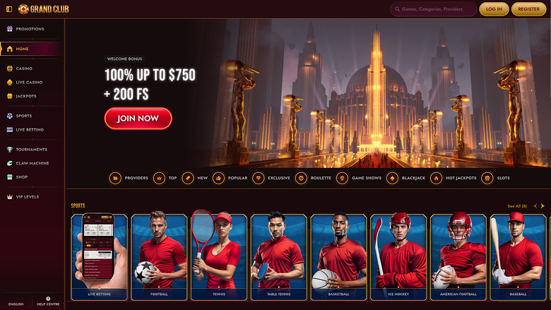 A Grand Club online casino homepage showing a welcome bonus hero banner and a sports betting category row.