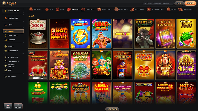 An online casino lobby screen showing a grid of game tiles under a Popular heading, with a left sidebar menu and top navigation bar.