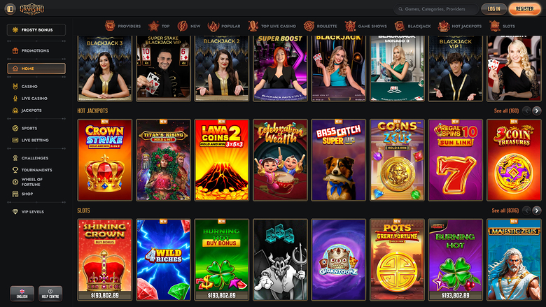 An online casino lobby screen showing a left sidebar menu, a top row of live dealer game tiles, and rows of hot jackpot and slot game tiles.