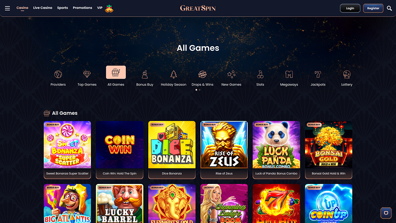 An online casino lobby page titled 'All Games' showing a grid of game tiles under a category menu.