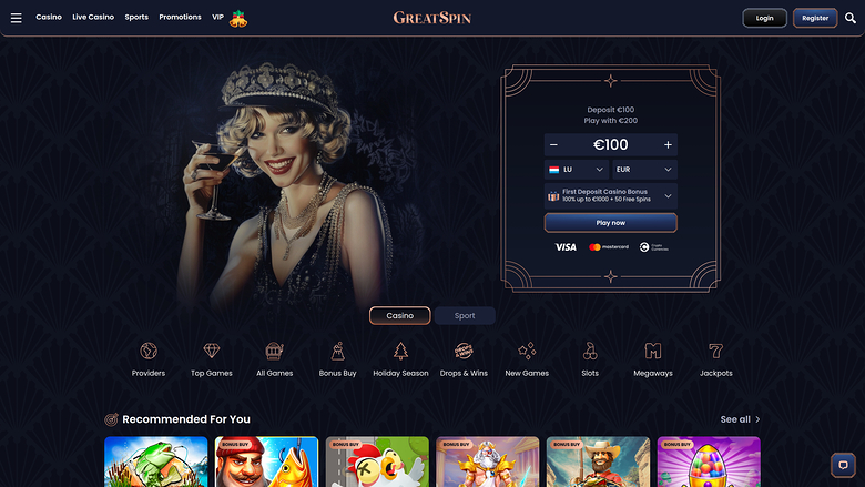 A GreatSpin online casino homepage showing a welcome bonus signup panel beside a decorative portrait and a row of game category icons above recommended game til