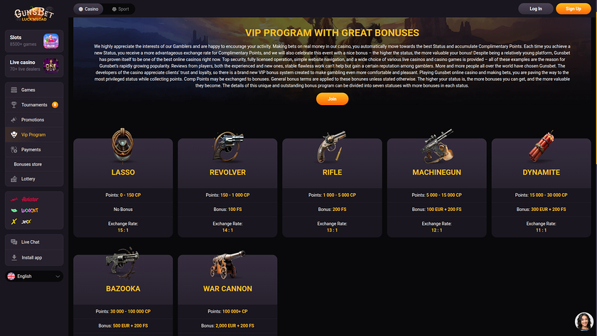 Gunsbet Casino — VIP section