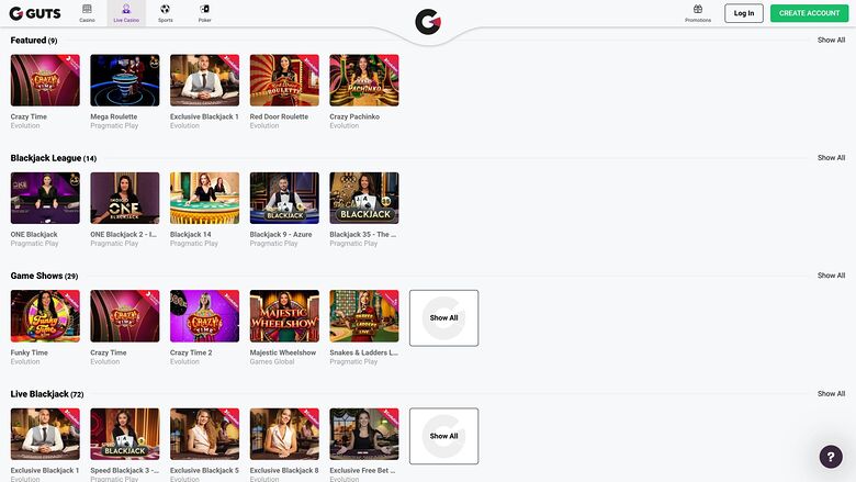Guts Casino — Live dealer lobby