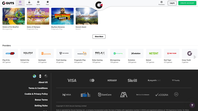Guts Casino — Games by studio