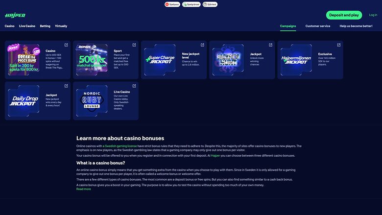 Hajper Casino — Promotions page