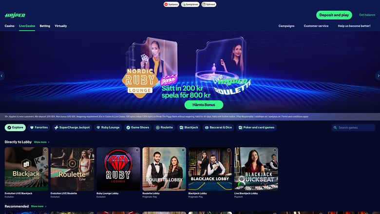 Hajper Casino — Live dealer lobby